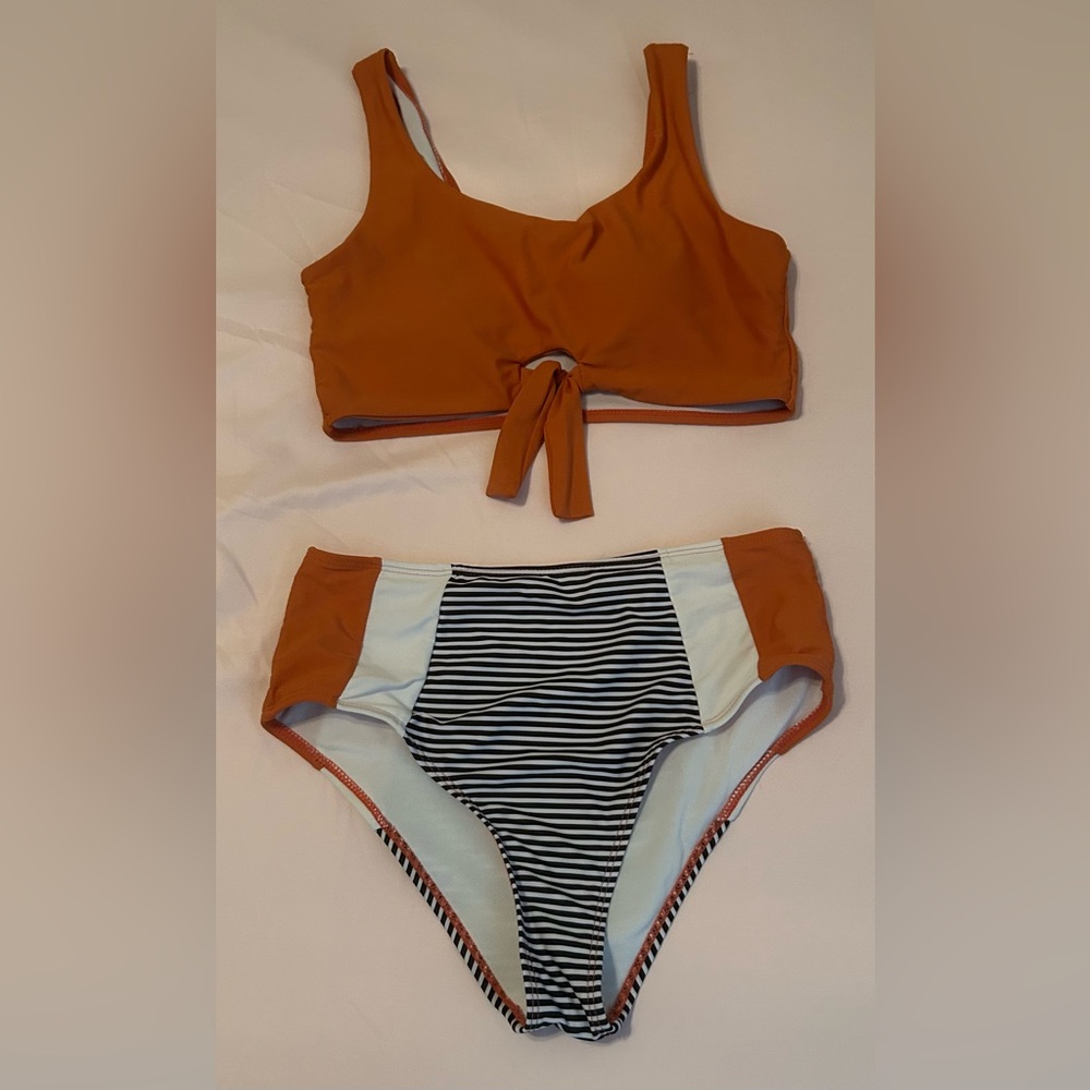 SHEIN Burnt Orange, Black and White Bikini Set
